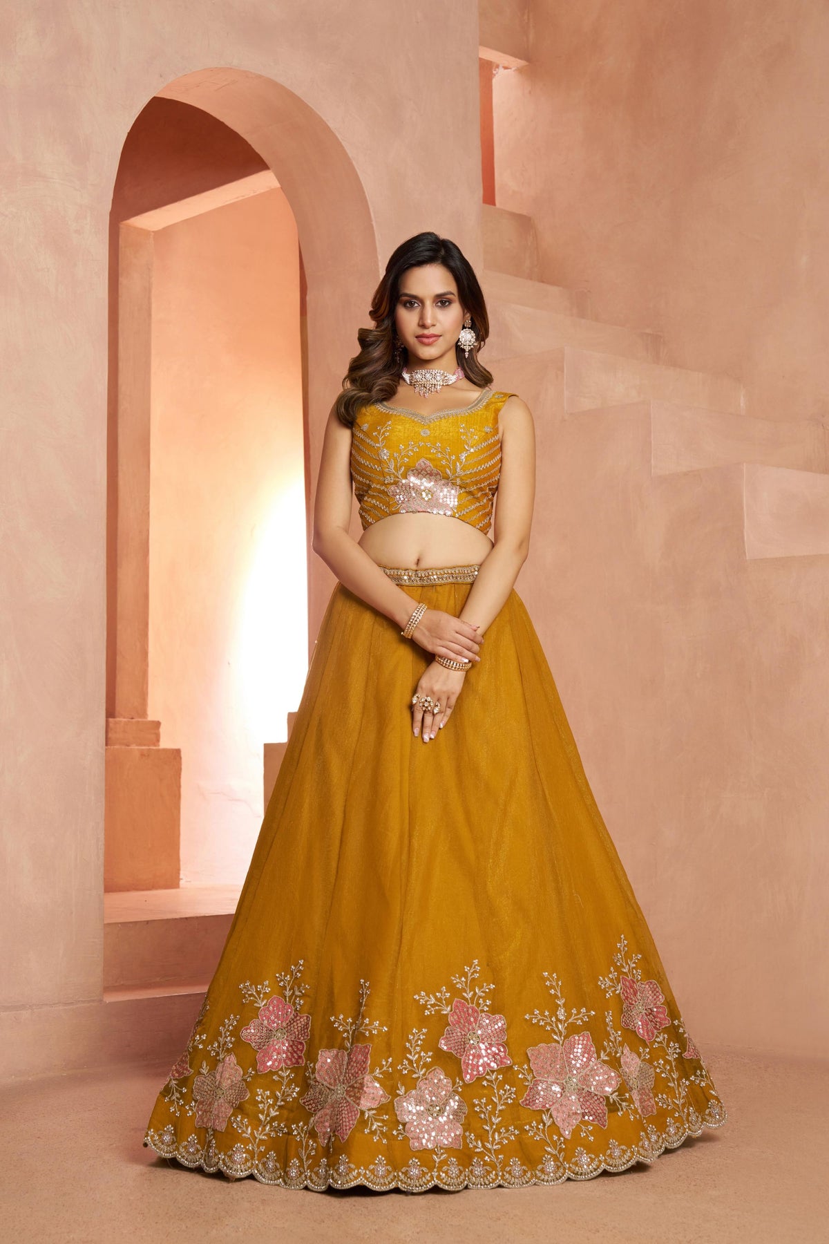 Mustard Sequins Work & Floral Motifs Tissue Bridesmaid Lehenga