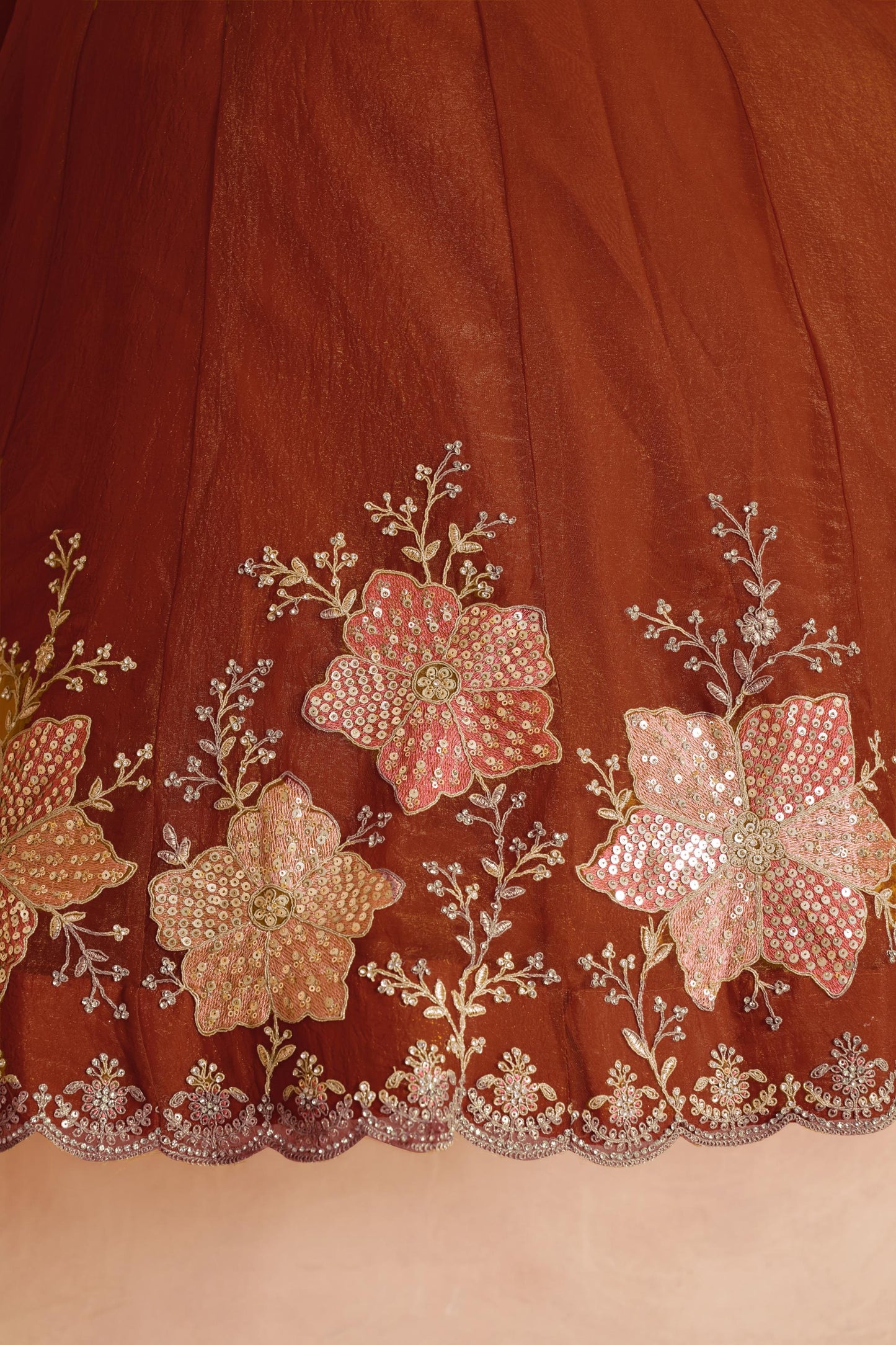 Rust Sequins Work & Floral Motifs Tissue Bridesmaid Lehenga