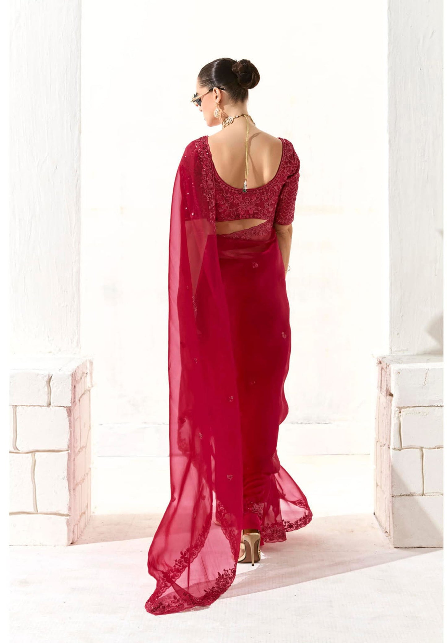 Red Organza Tissue Heavy butta embroidery Designer Runway Saree