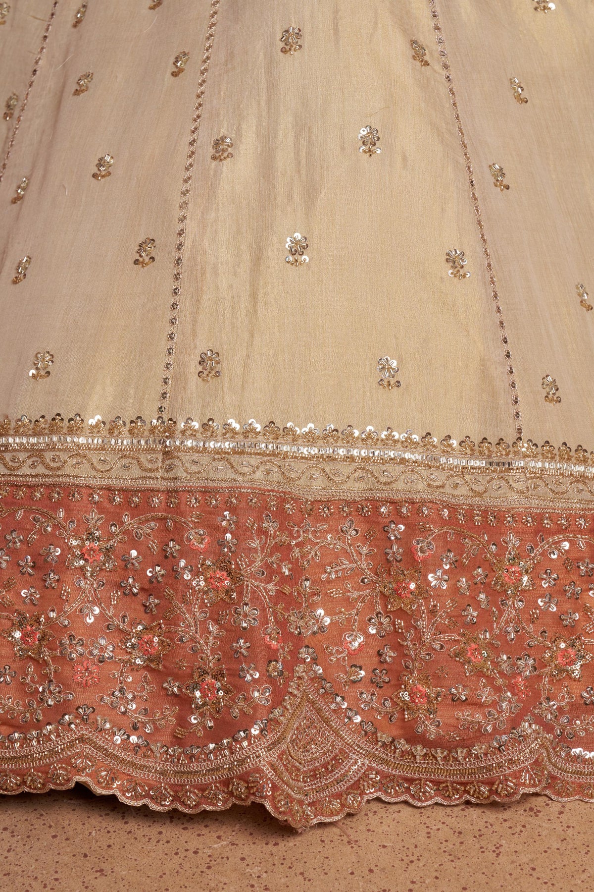 Cream & Rust Orange Kanjeevaram Tissue Sequins & Bead Embroidered Bridesmaid Lehenga