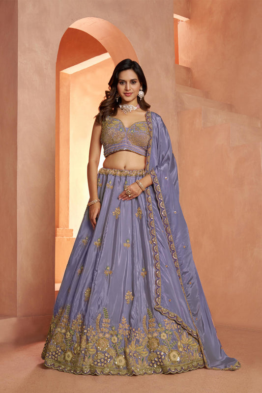 Purple Art Silk Cut dana and Resham Embroidered Wedding Guest Lehenga