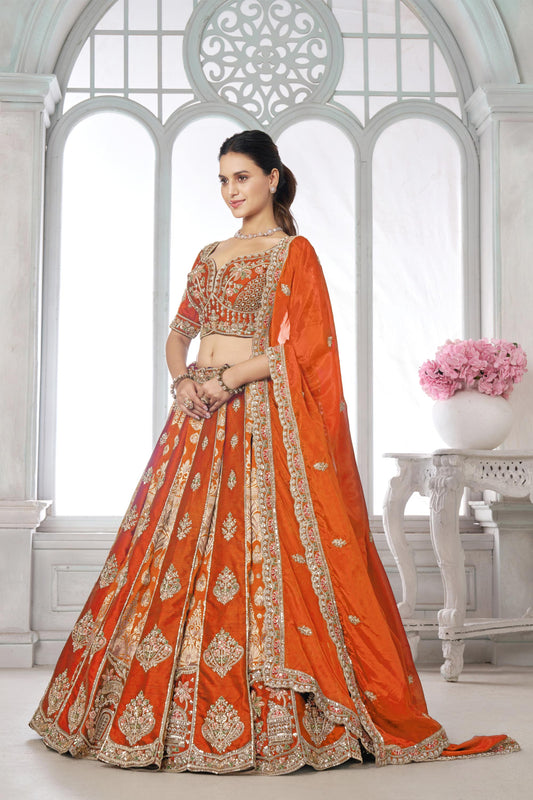Rust Orange Raw Silk Pearl & Sequin Embroidered Wedding Lehenga