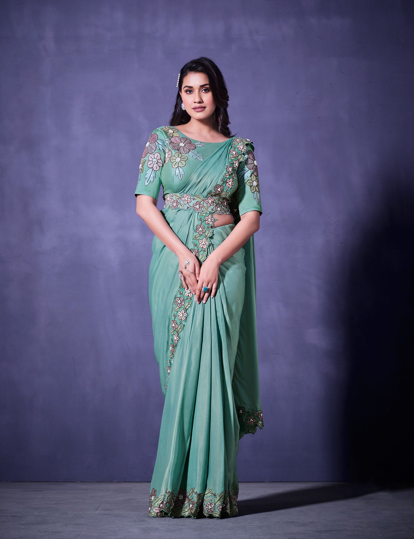 Aqua Blue Floral Embroidery Crepe Silk Wedding Guest Saree
