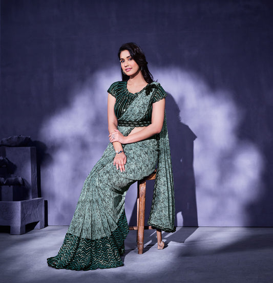 Pista Green Floral Embroidery Chiffon Lycra Saree