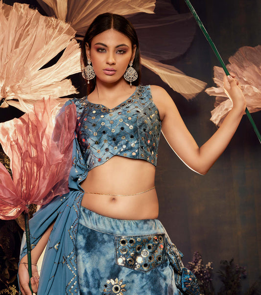 Sky Blue Velvet Sequence Work Lehenga for Cocktail