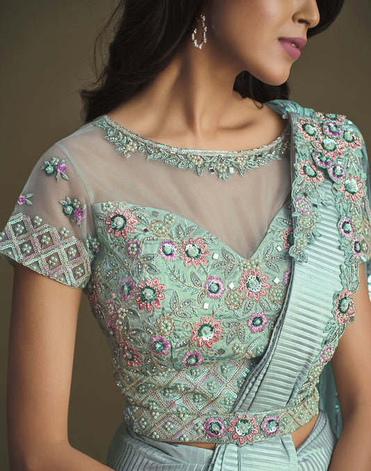 Aqua Blue Sequins Work Crepe Silk Partywear Saree