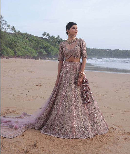 Mahavir Machine Embroidered Net, Silk Light Pink Bridal lehenga