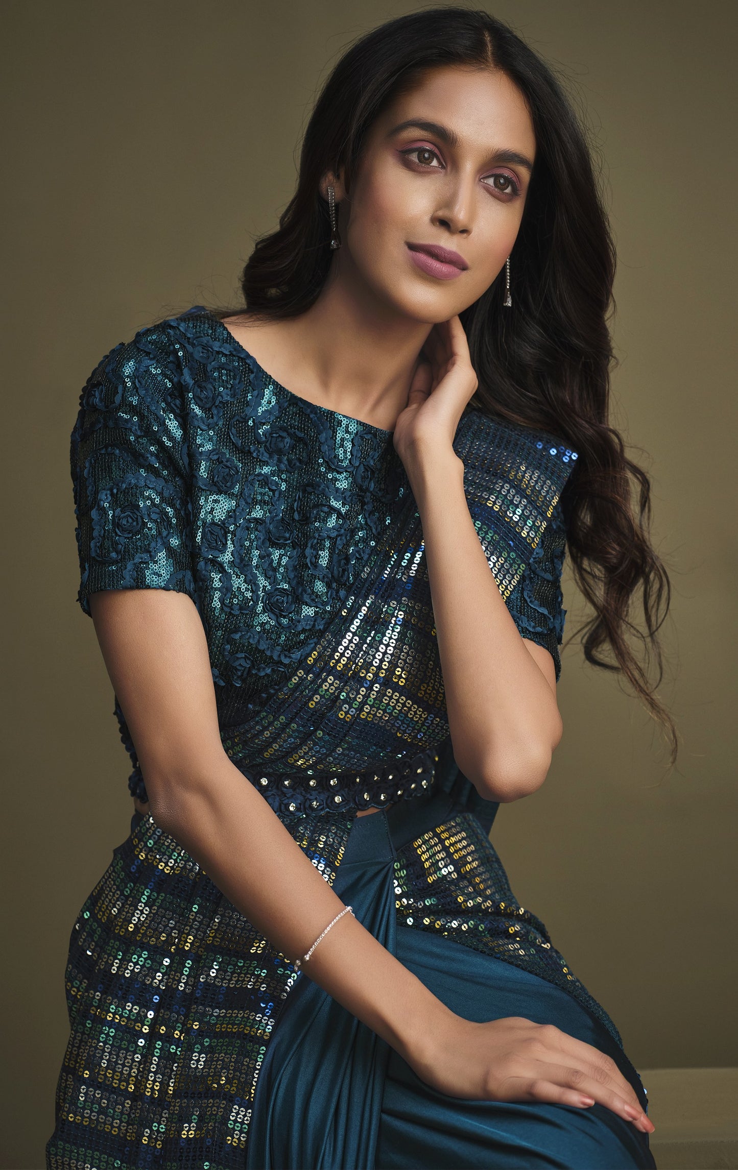 Teal Blue Sequins Work Crystal Silk Partywear Saree