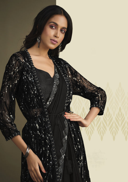 Black Sequins Work Crepe Silk Partywear Saree