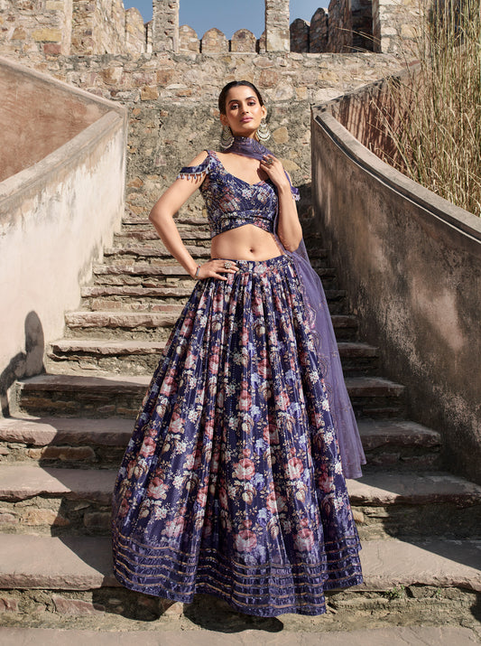 Purple Sequins and Mirror Work Georgette Bridesmaid Lehenga