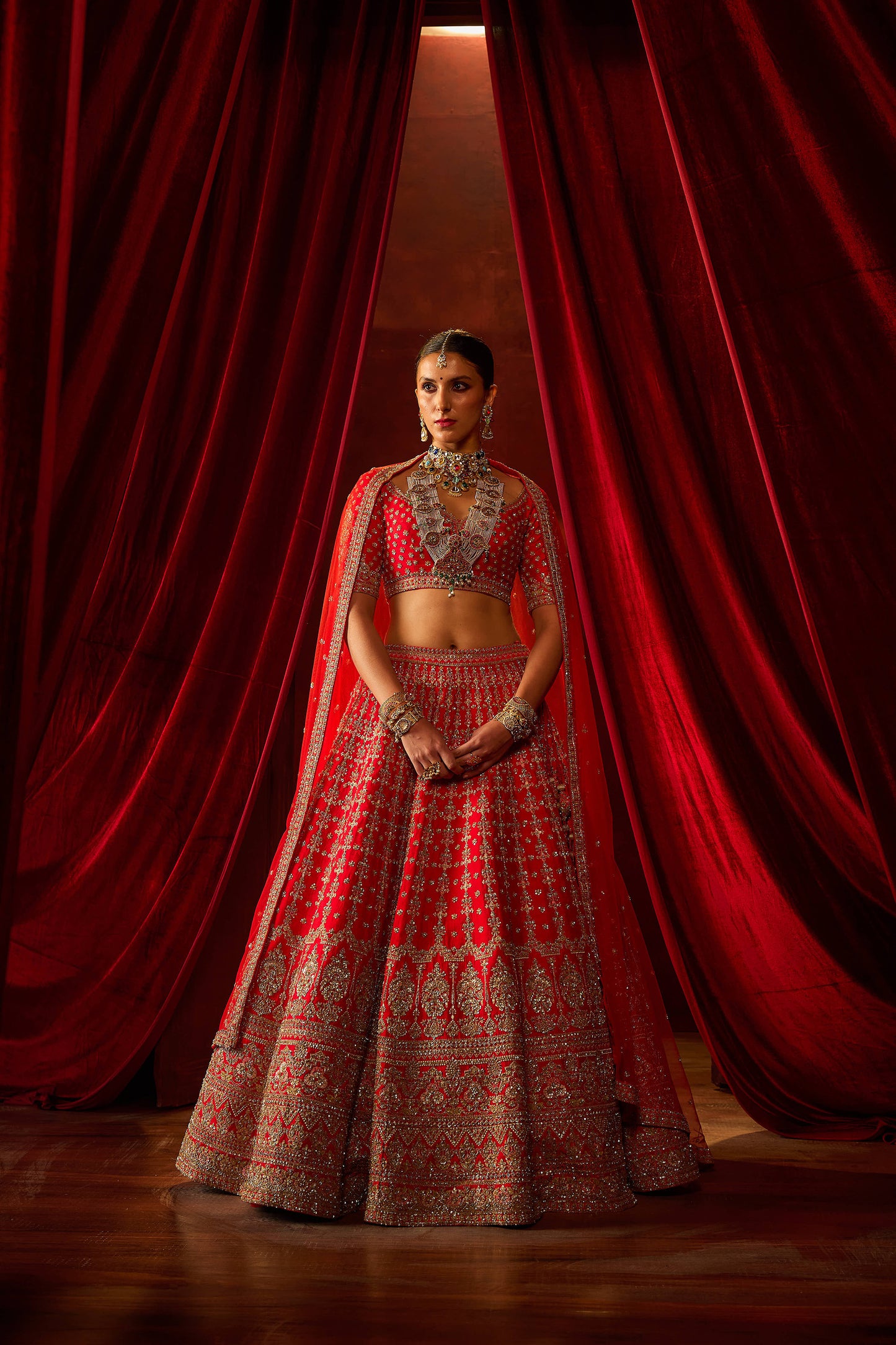 Red Raw Silk Hand & Machine Embroidered Lehenga Set