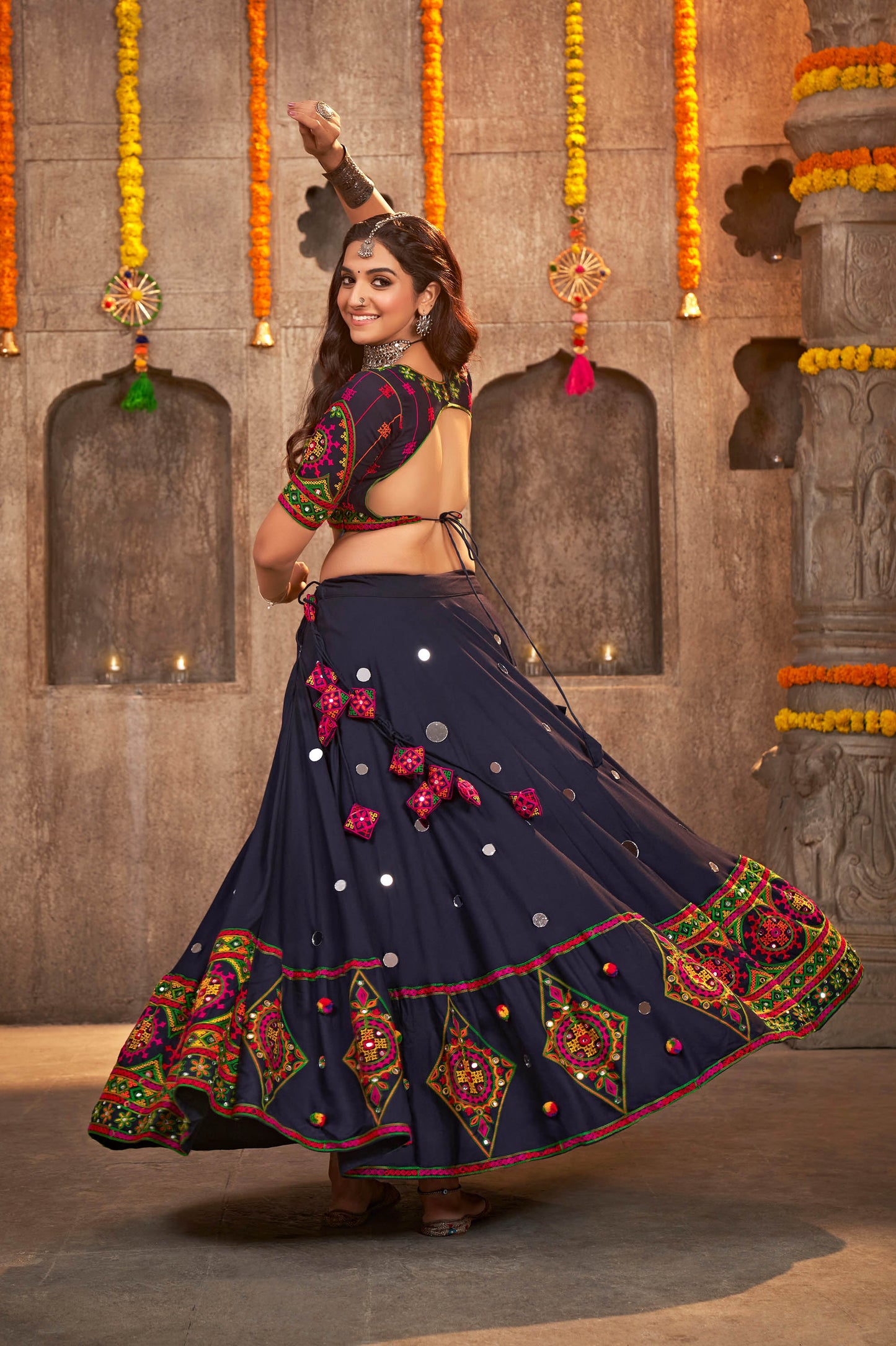 Navy Blue Color Mirror Work Viscose Rayon Navaratri Lehenga