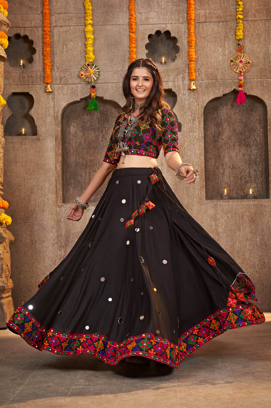 Black Color Mirror Work Viscose Rayon Navaratri Lehenga