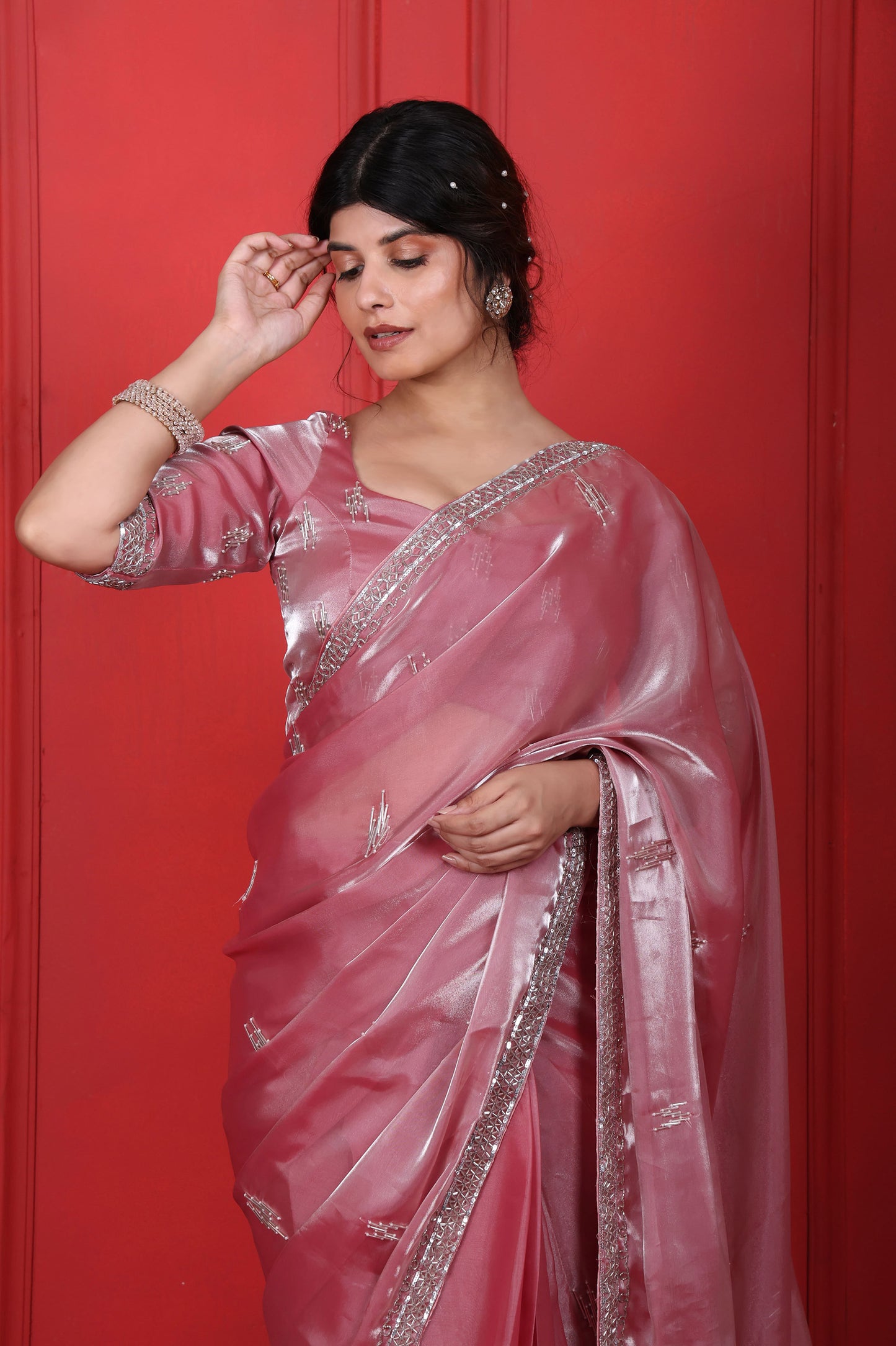 Hand Embroidered Dusty Rose Saree Set
