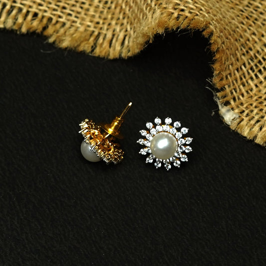 Zevar Club Rhodium-Plated White Pearl & Cubic Zirconia Floral Stud Earrings in Gold Tone