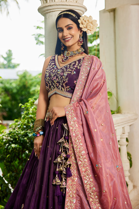 Burgundy colour Satin Sequins embroidery Lehenga choli & Dupatta