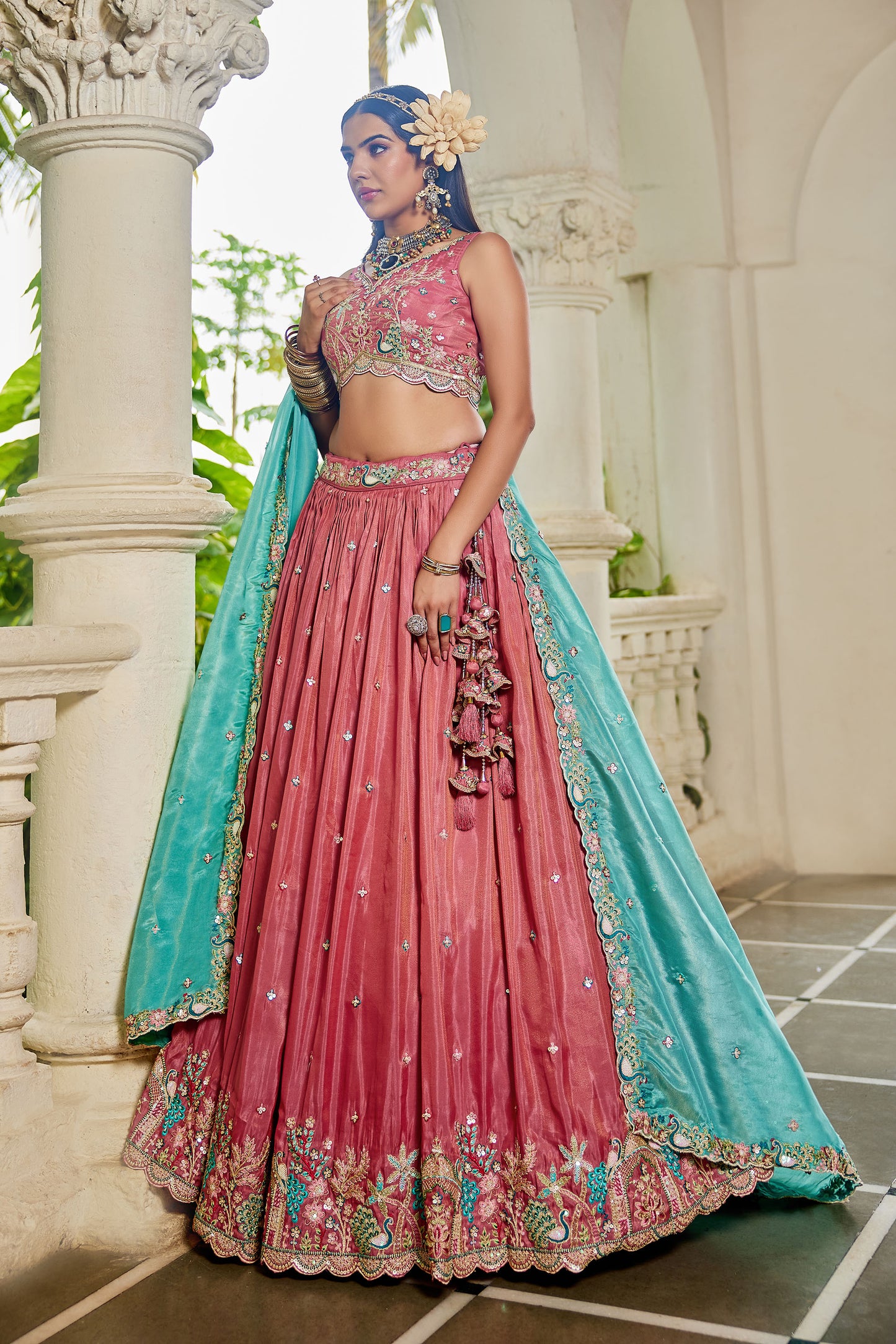 Pink colour Satin Sequins embroidery Lehenga choli & Dupatta