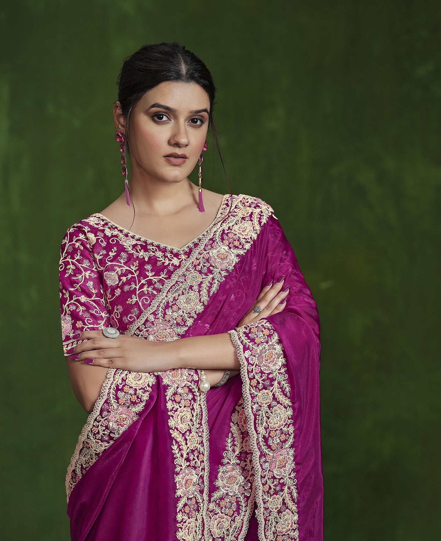 Pink Habotai Silk Sequins Hand Work Saree