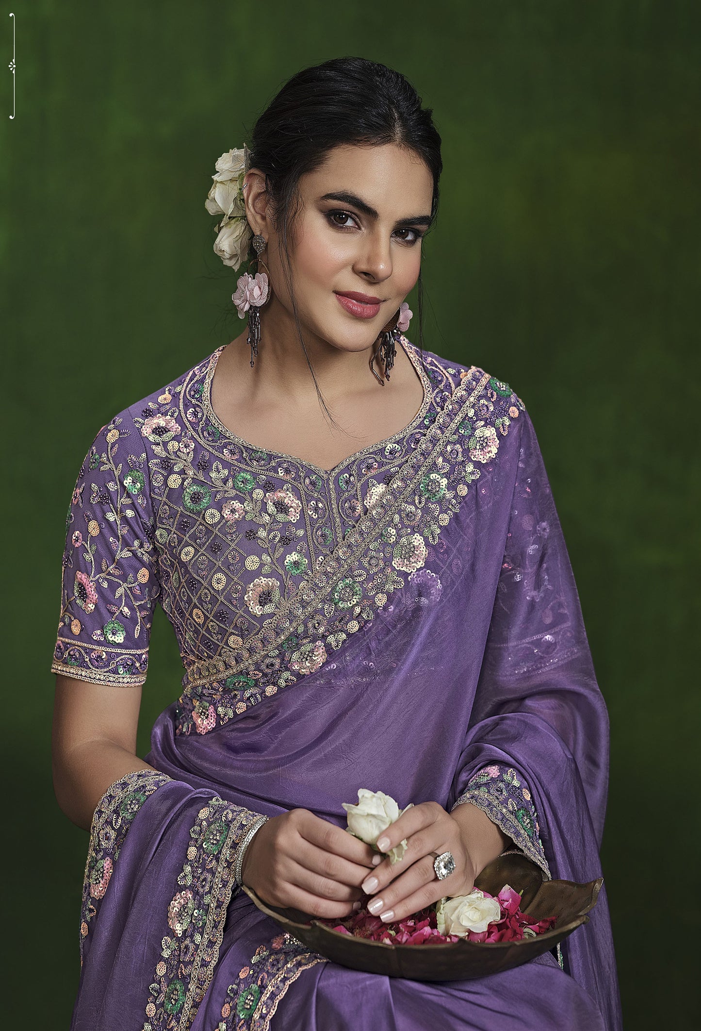 Purple Habotai Silk Sequins Hand Work Saree