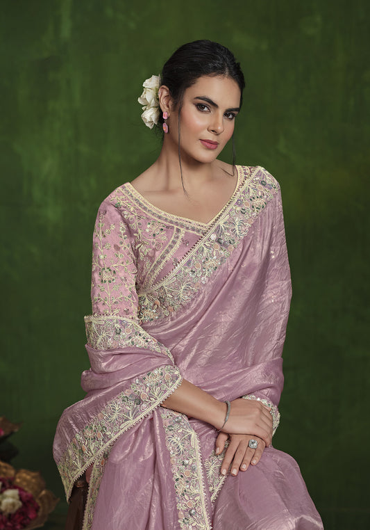 Light Pink Crush Paper Silk Sequins Hand Work Saree