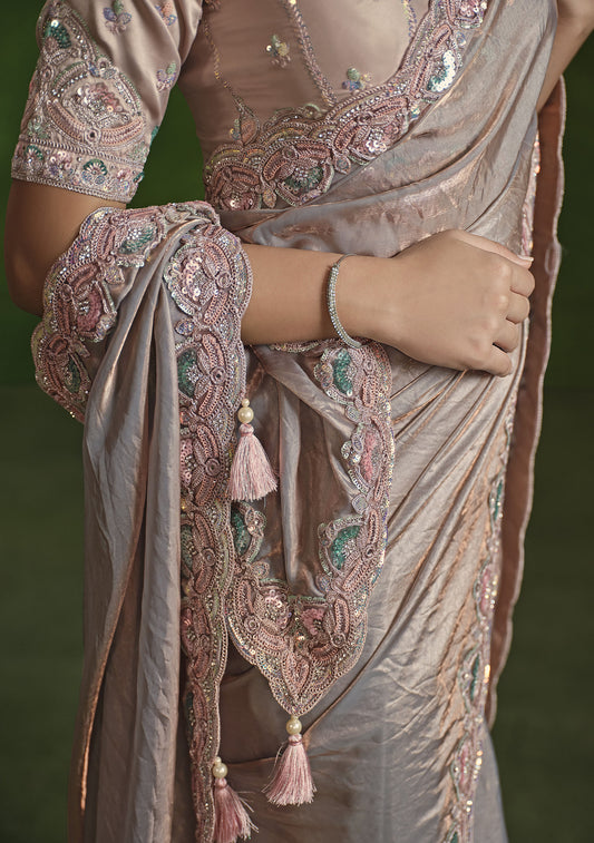 Grey & Peach 2 Tone Satin Silk Sequins & Diamond Work Saree