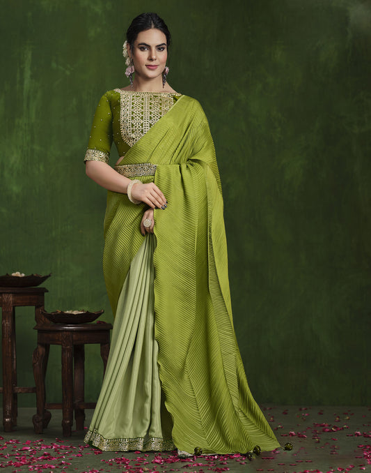 Olive Green Crepe Silk Georgette Zari & Stone Work Saree