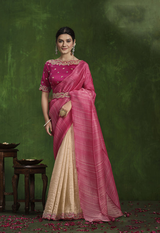 Pink & Beige Banarasi Crush Silk Sequins, Thread Work Saree