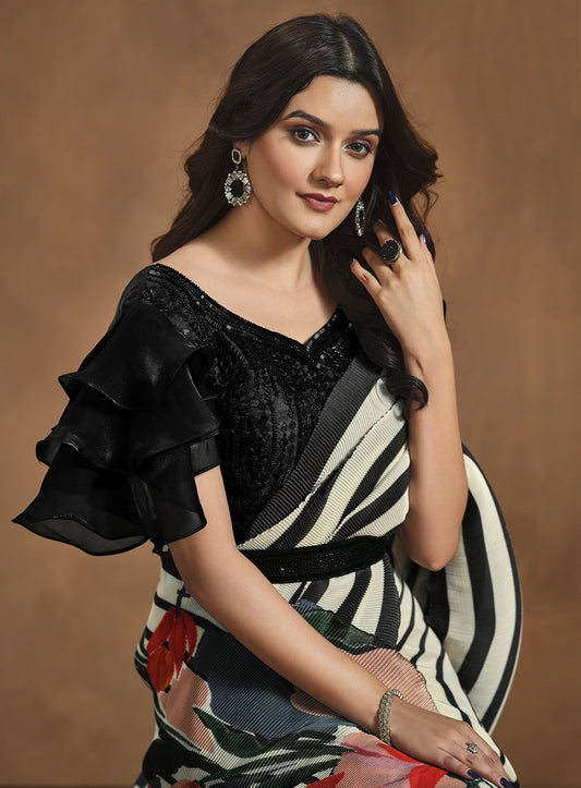Black & White Satin Silk Readymade Floral Print Saree