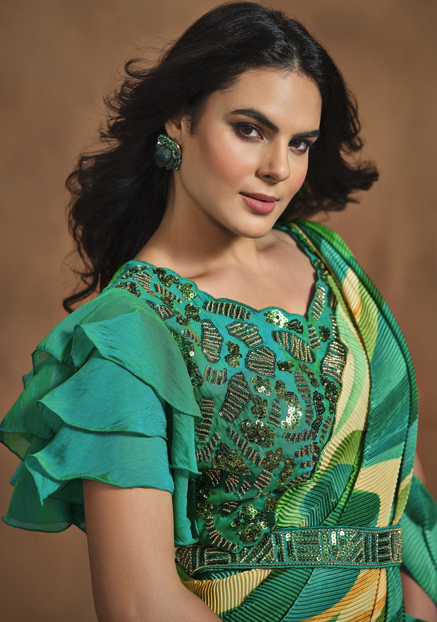 Green Satin Silk Readymade Digital Printed Saree