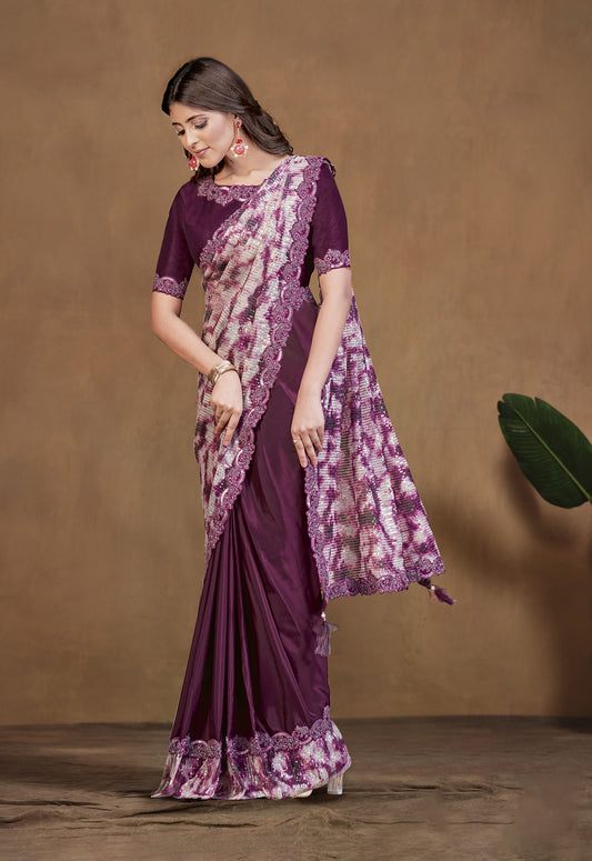 Wine Satin Crepe Silk Readymade Digital Printed Saree
