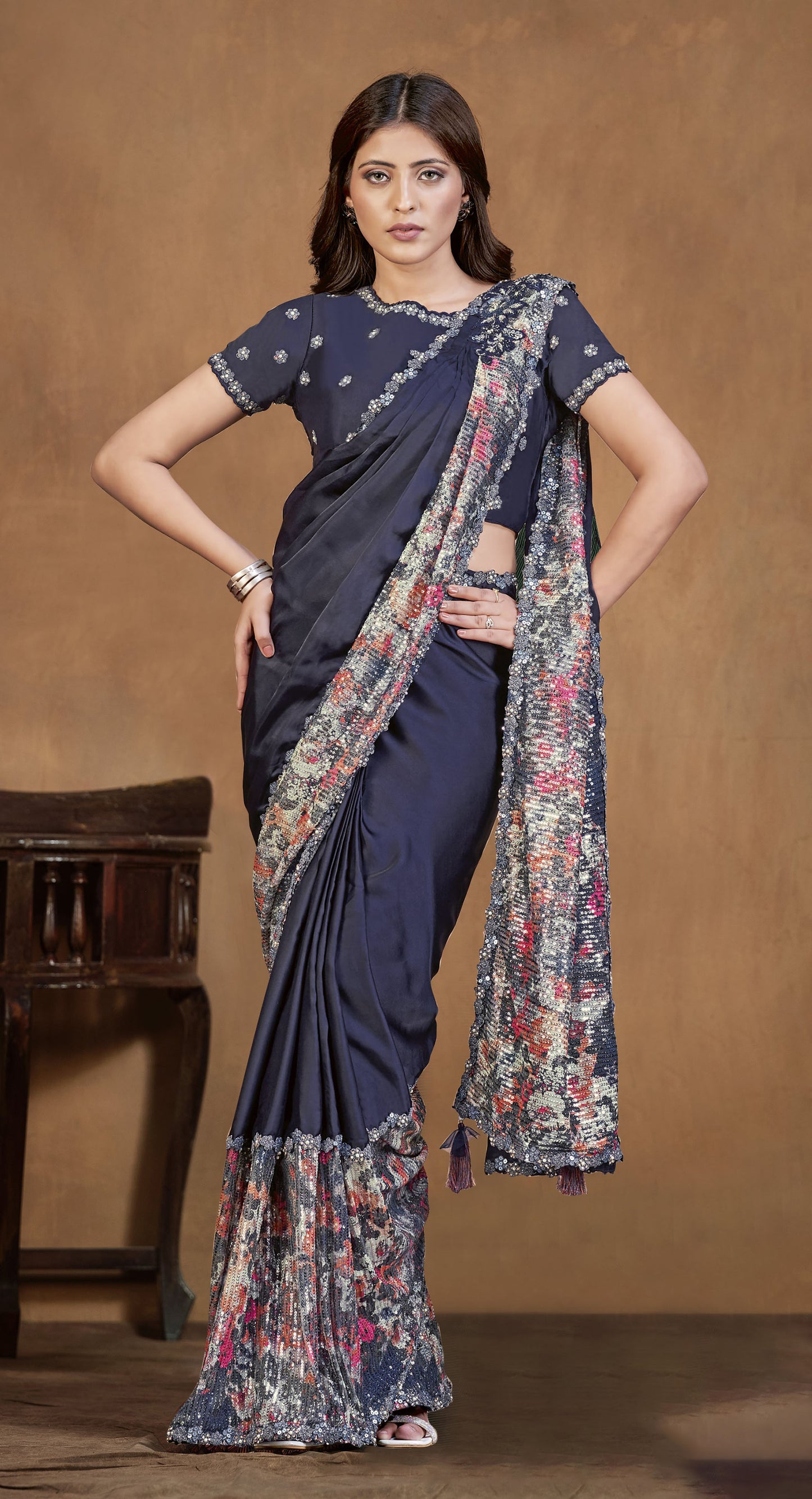 Navy Blue Satin Crepe Silk Readymade Digital Sequins Work Saree