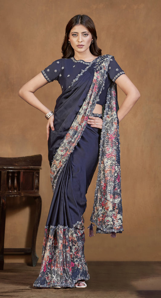 Navy Blue Satin Crepe Silk Readymade Digital Sequins Work Saree
