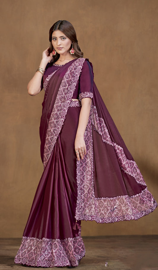 Dark Wine Satin Crepe Silk Readymade Digital Sequins Work Saree