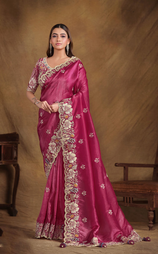 Rani Pink Crush Paper Silk Hand and Pearl work Party Wear Saree