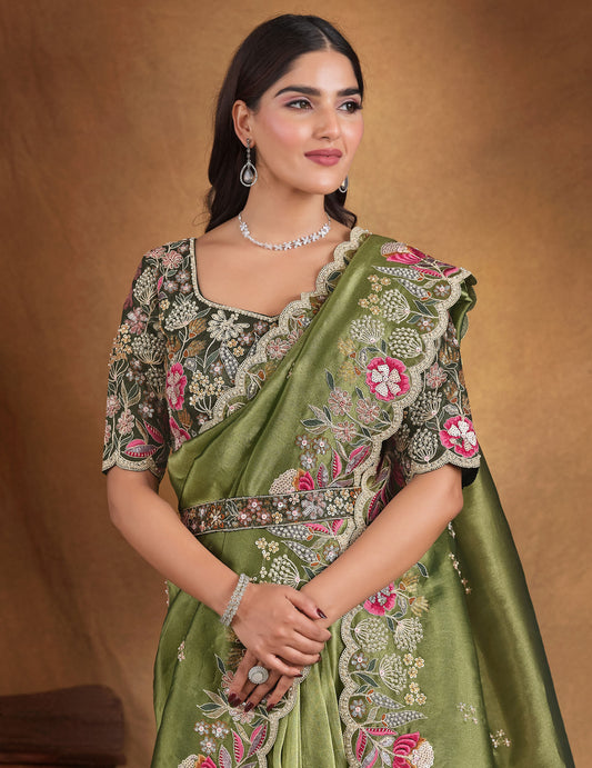 Green Glass Tissue Hand and Pearl work Party Wear Saree