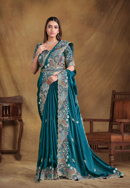 Teal Blue Crush Satin Silk Hand and Pearl work Party Wear Saree