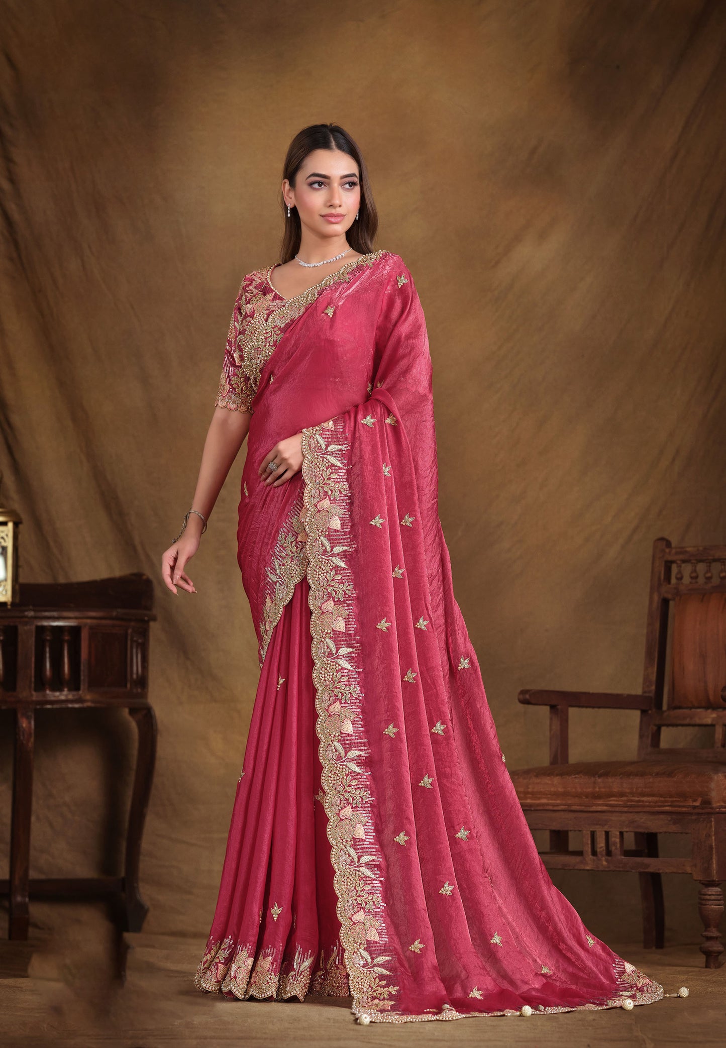 Dark Pink Two Tone Satin Silk Hand and Pearl work Party Wear Saree