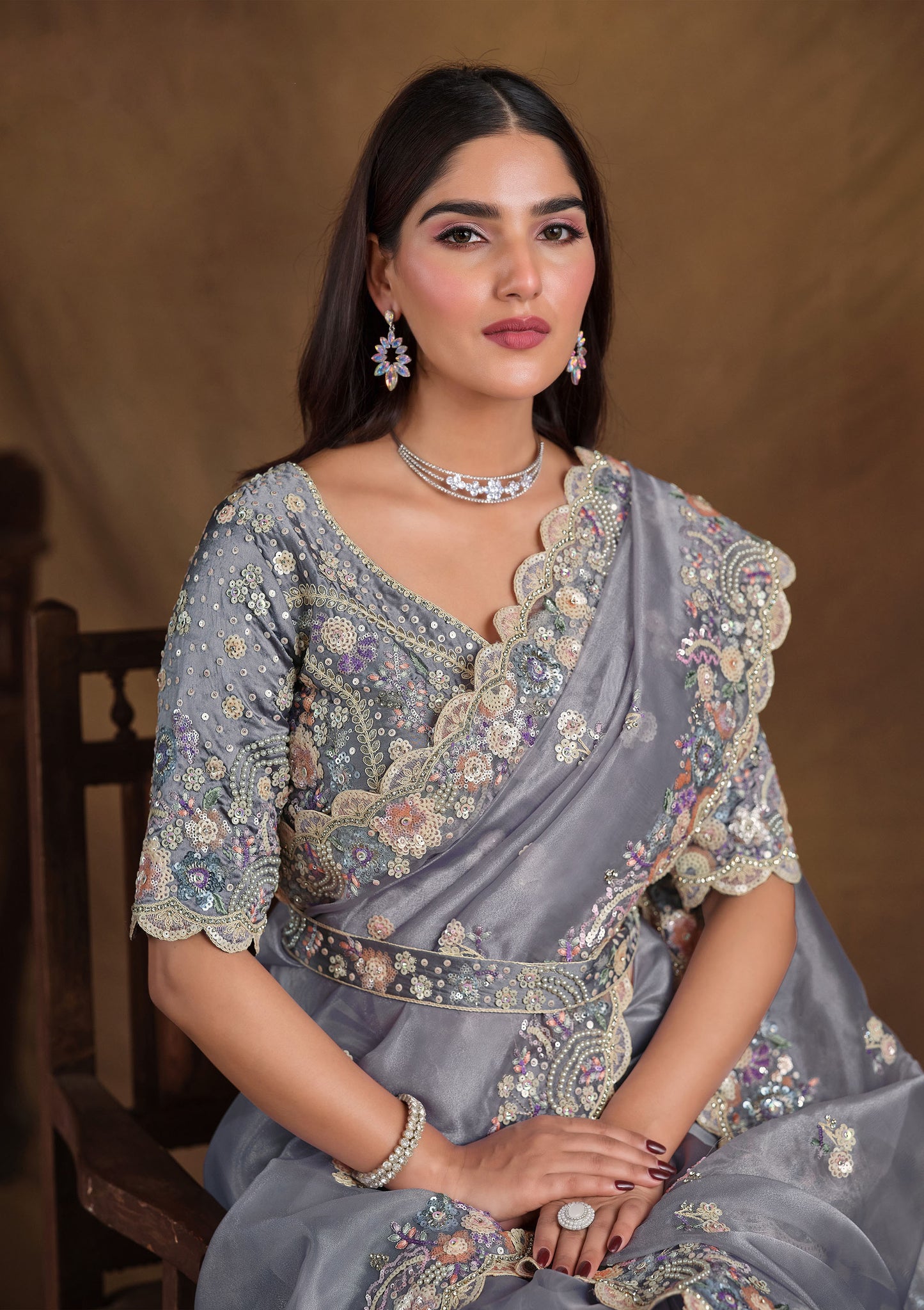 Grey Organza Silk Hand and Pearl work Party Wear Saree