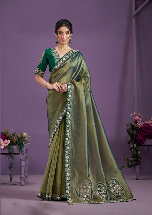 Teal Green Malai Satin Silk Sequins with Patch Work Saree