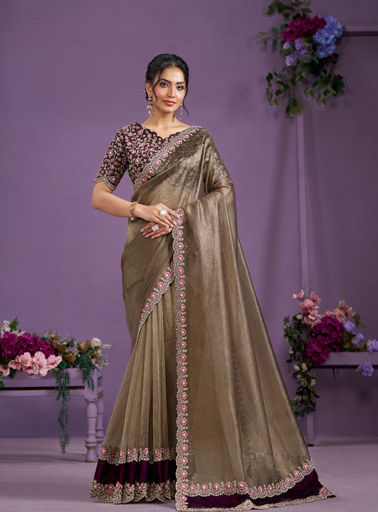 Light Brown Malai Satin Silk Moti work Saree