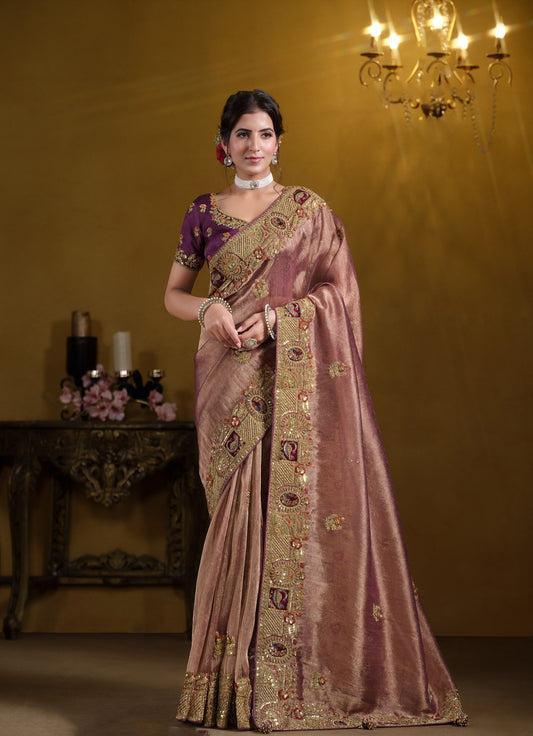 Wine and Gold Zari Organza Silk Khatli work Saree