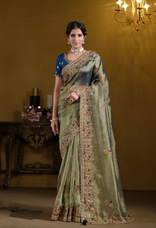 Green Zari Organza Silk Khatli work Saree