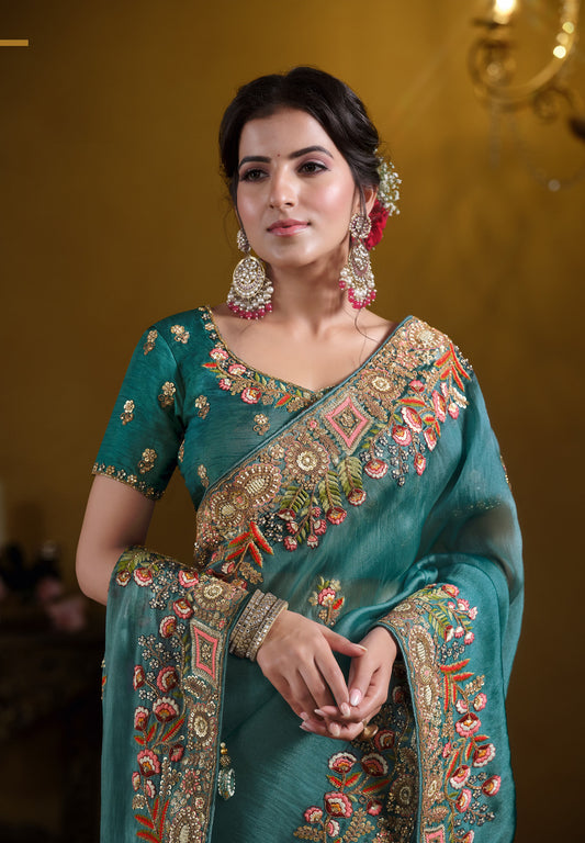 Teal Blue Twill Tissue Khatli work Saree