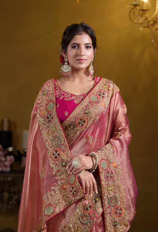 Peach Zari Organza Silk Khatli work Saree