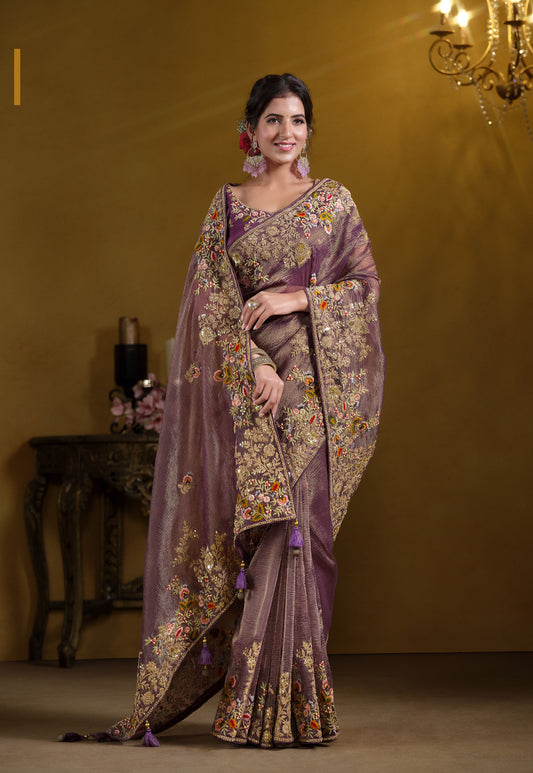 Purple Banarasi Crush Khatli work Saree