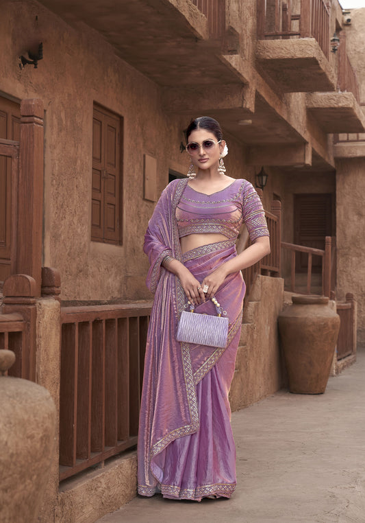 Purple Gradient Satin Silk Hand Embroidery Party Wear Saree