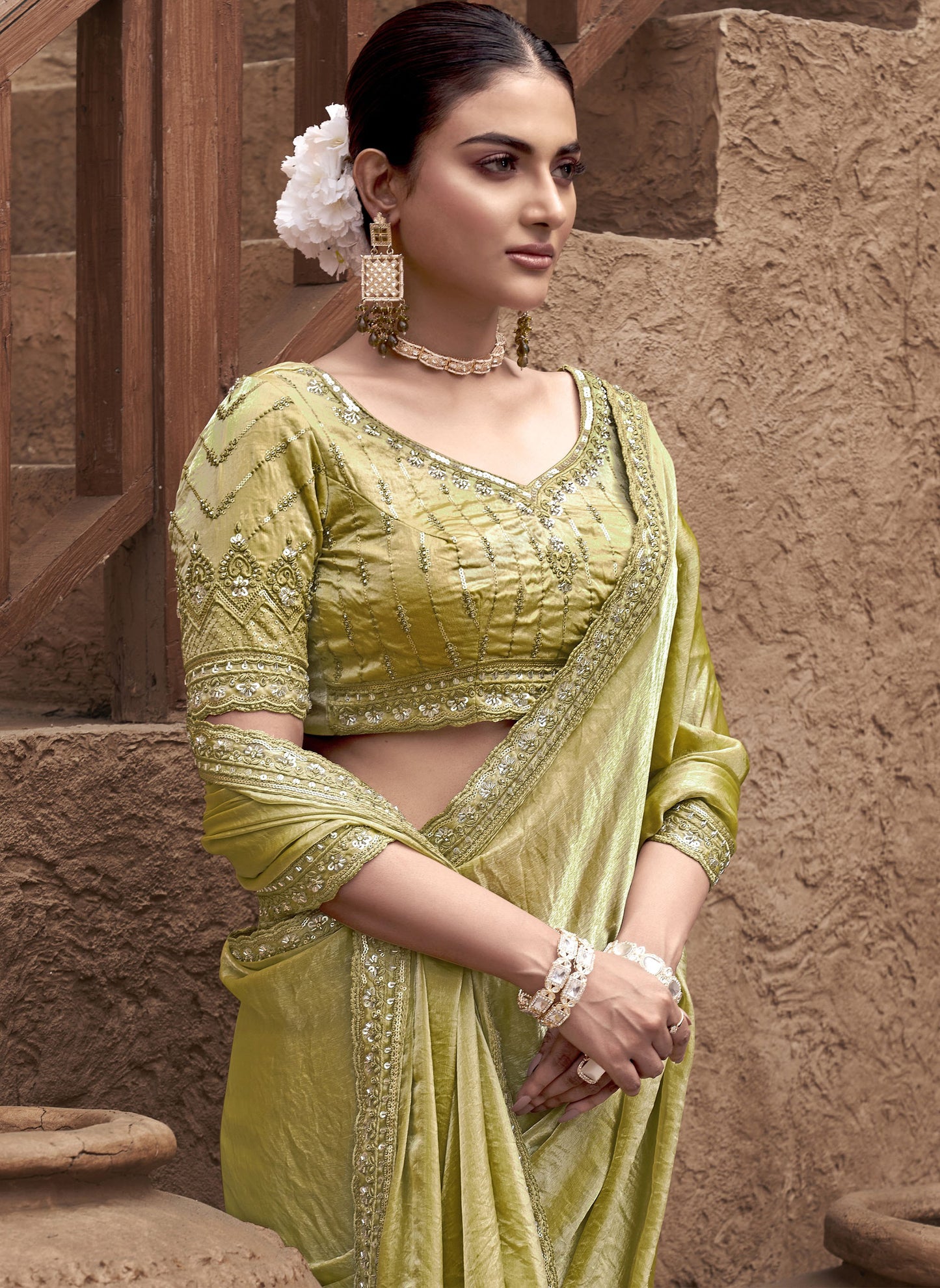 Mehendi Green Satin Silk Hand Embroidery Festive Saree