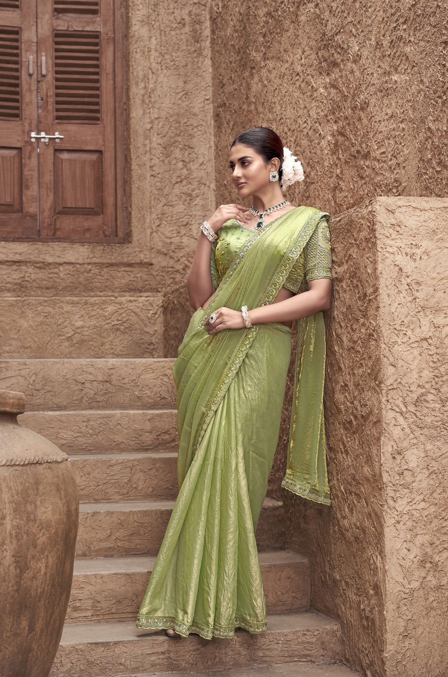 Green Satin Silk Hand Embroidery Party Wear Saree