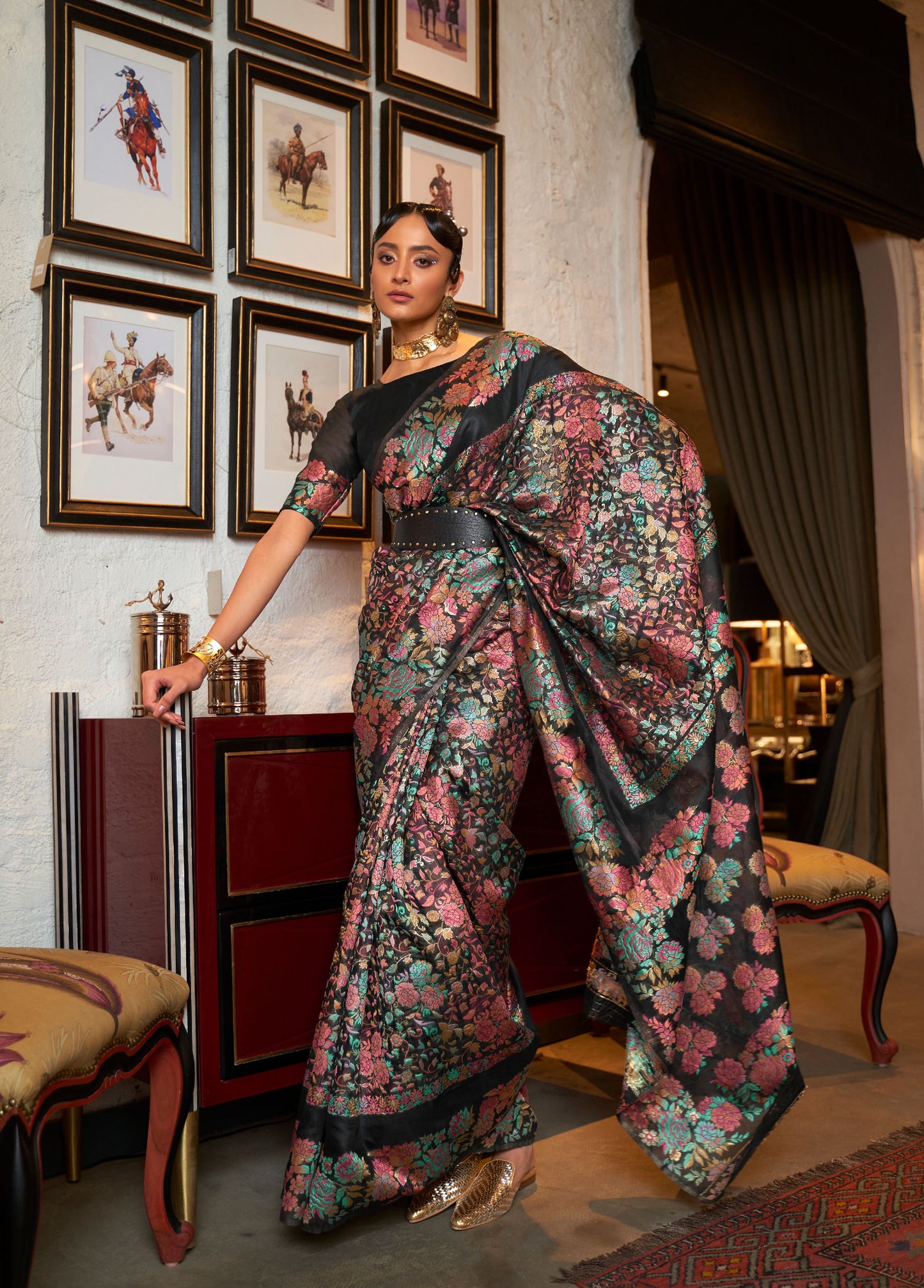 Black Kaazi Silk Kashmiri Modal Handloom Saree