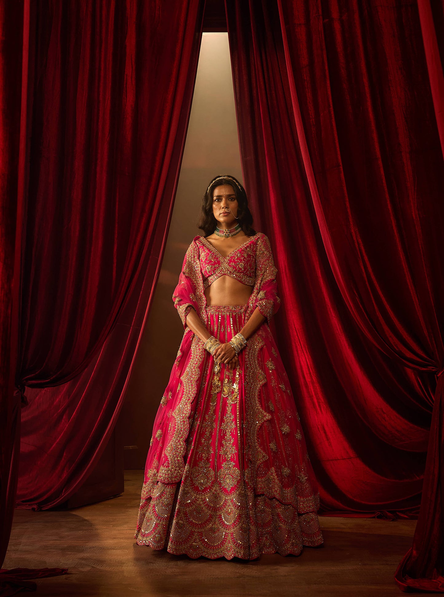 Rani Pink Raw Silk Hand & Machine Embroidered Lehenga Set